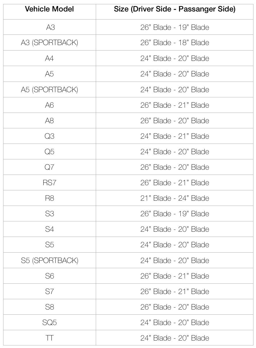 Windshield Wiper Blades Size Chart