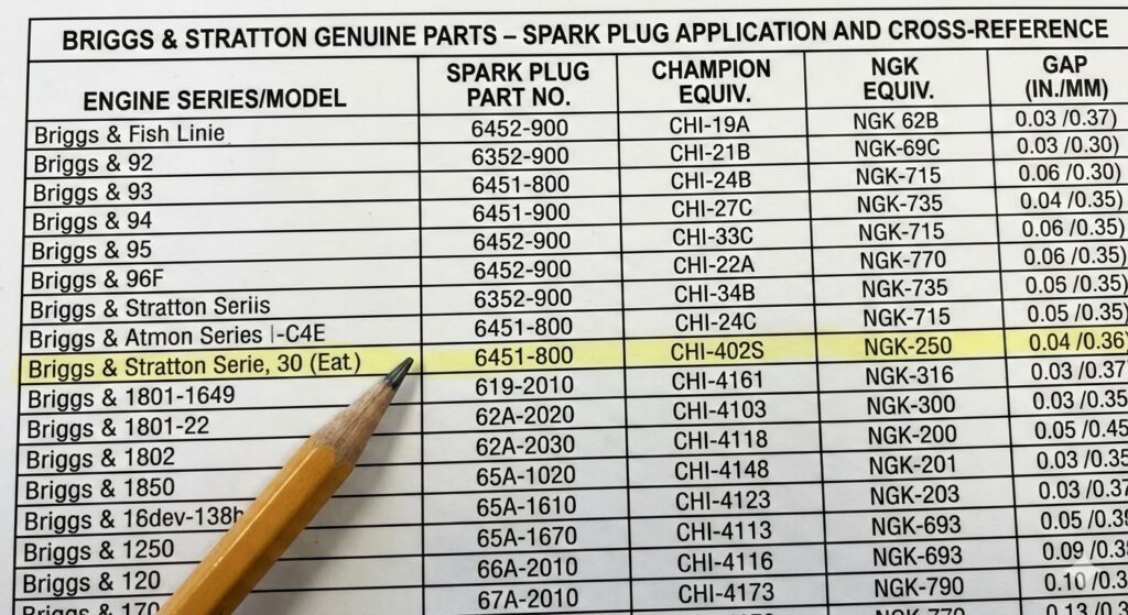 Briggs and Stratton Engine Spark Plug Chart